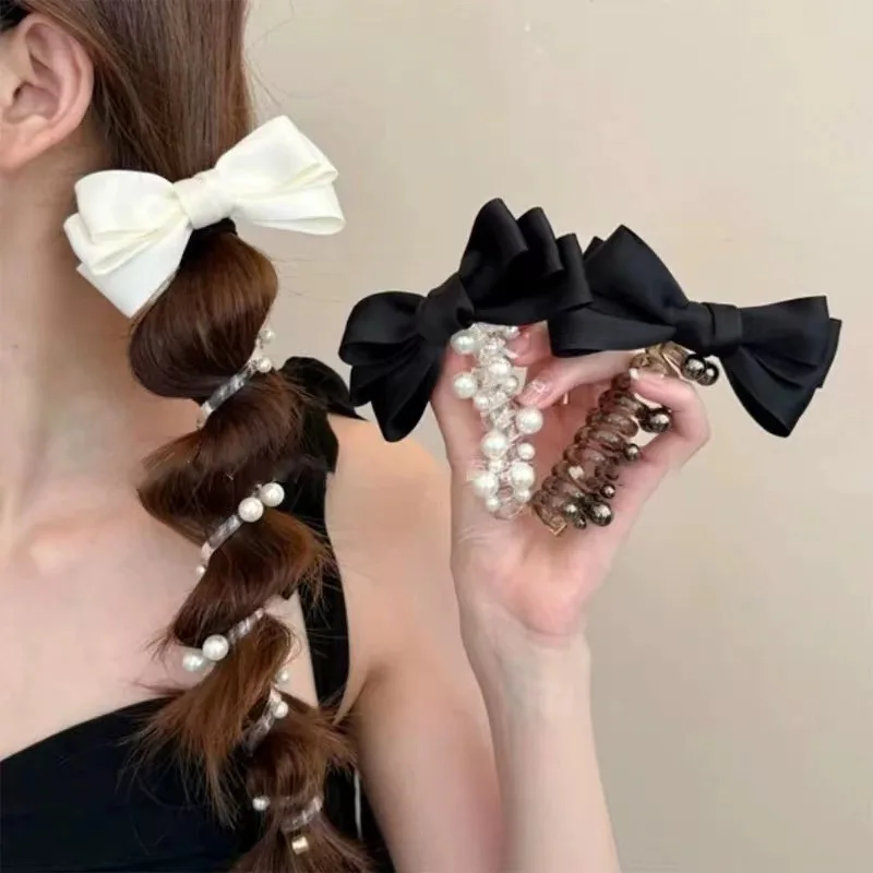 Haargummis aus Telefonkabel mit Schleife und Perlen für Damen – Haargummis mit Blasengeflecht, gedrehtes Pferdeschwanz-Seil-Zubehör für das tägliche Styling Image