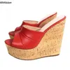 Ahhlsion Hohe Qualität Frauen Pantoletten Sandalen Keile High Heels Peep Toe Ziemlich Rot Blau Party Schuhe Damen US Plus Größe 5-20