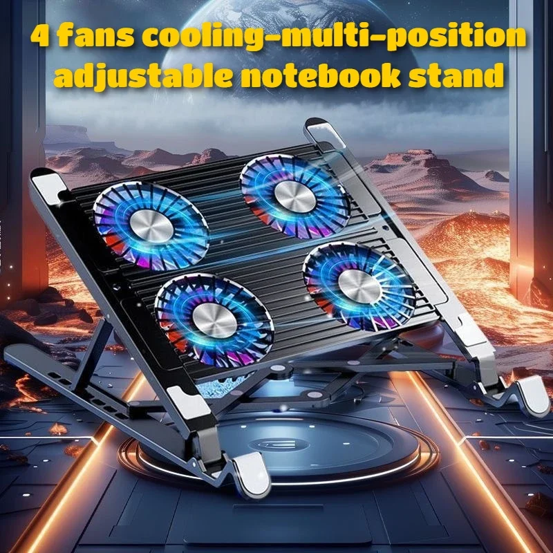 Tragbarer Laptop aus Kunststoff/Legierung, faltbar, verstellbar, luftgekühlt, 4 Kühlventilatoren, Halterung für 11–17,3 Zoll Notebook/Tablet, universell Image