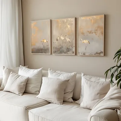 3pcs Japanese Crane Wall Art Prints, Neutral Beige and Golden Abstract Landscape Canvas Posters, Modern Glam Animal Print Art