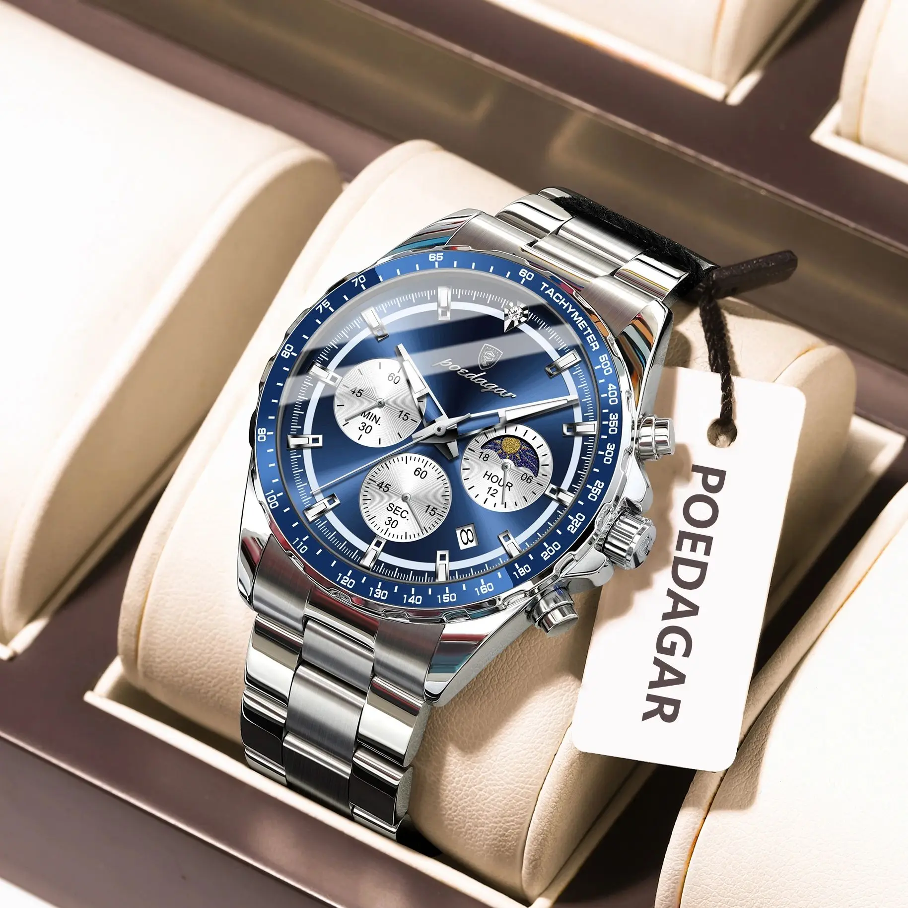 POEDAGAR Military Männer Uhr Chronograph Datum Wasserdicht Leuchtende Männliche Armbanduhr Edelstahl Quarz Luxus herren Uhren + Box Image