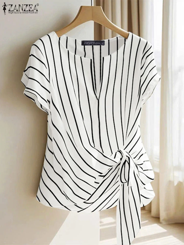Camicetta a righe moda 2025 ZANZEA Estate Donna Scollo a V Manica corta Top Elegante lavoro OL Camicia Casual Blusas allentati Chemise femminile