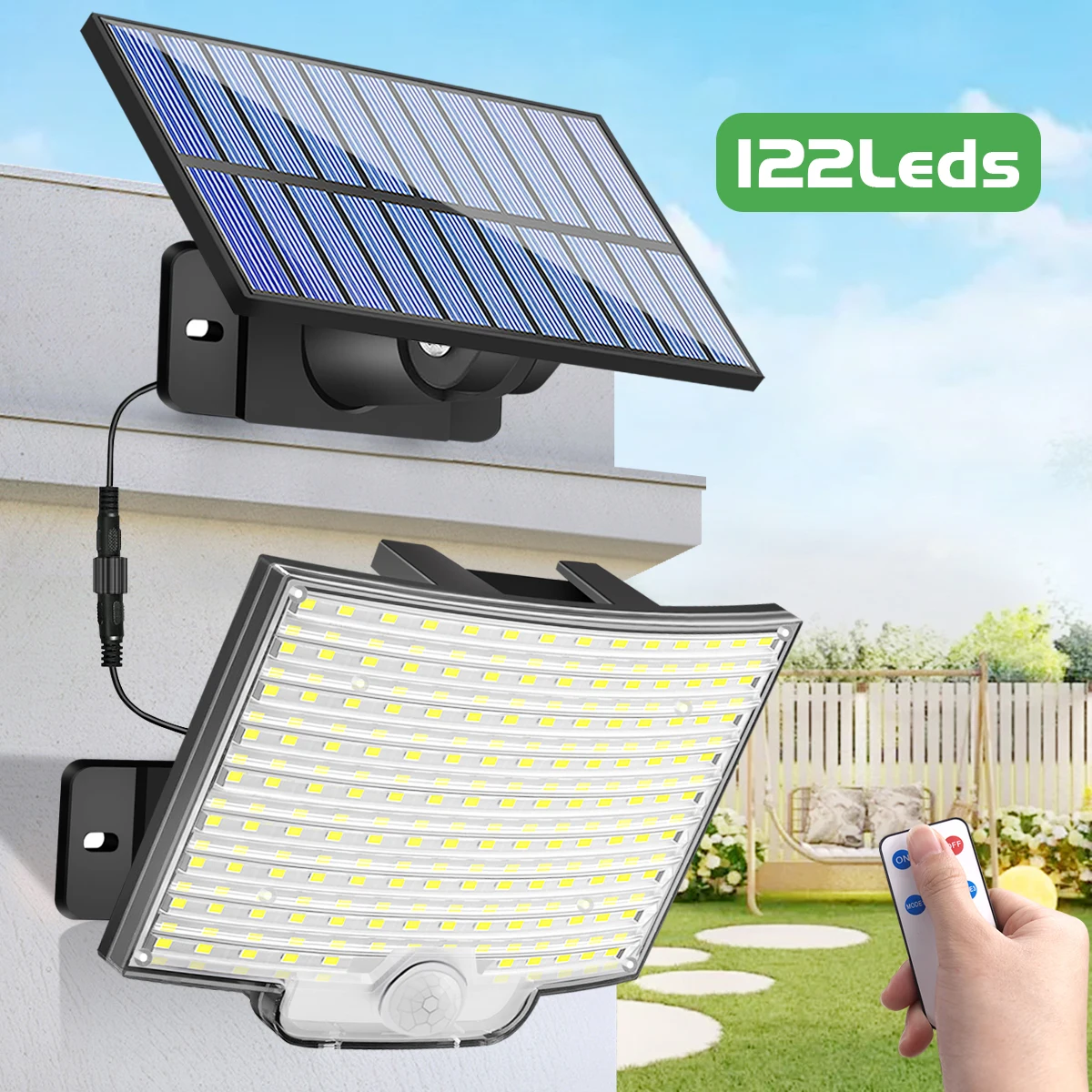 Solarleuchte für den Außenbereich, 106/122, LED-Solarleuchte für den Außenbereich, mit Bewegungssensor, IP65, wasserdicht, 120 ° Solar-Wandleuchte mit Beleuchtungswinkel