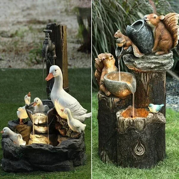 E2 canard énergie solaire écureuil résine Patio fontaine jardin conception avec lumière Led décoration de jardin décoration de Simulation extérieure