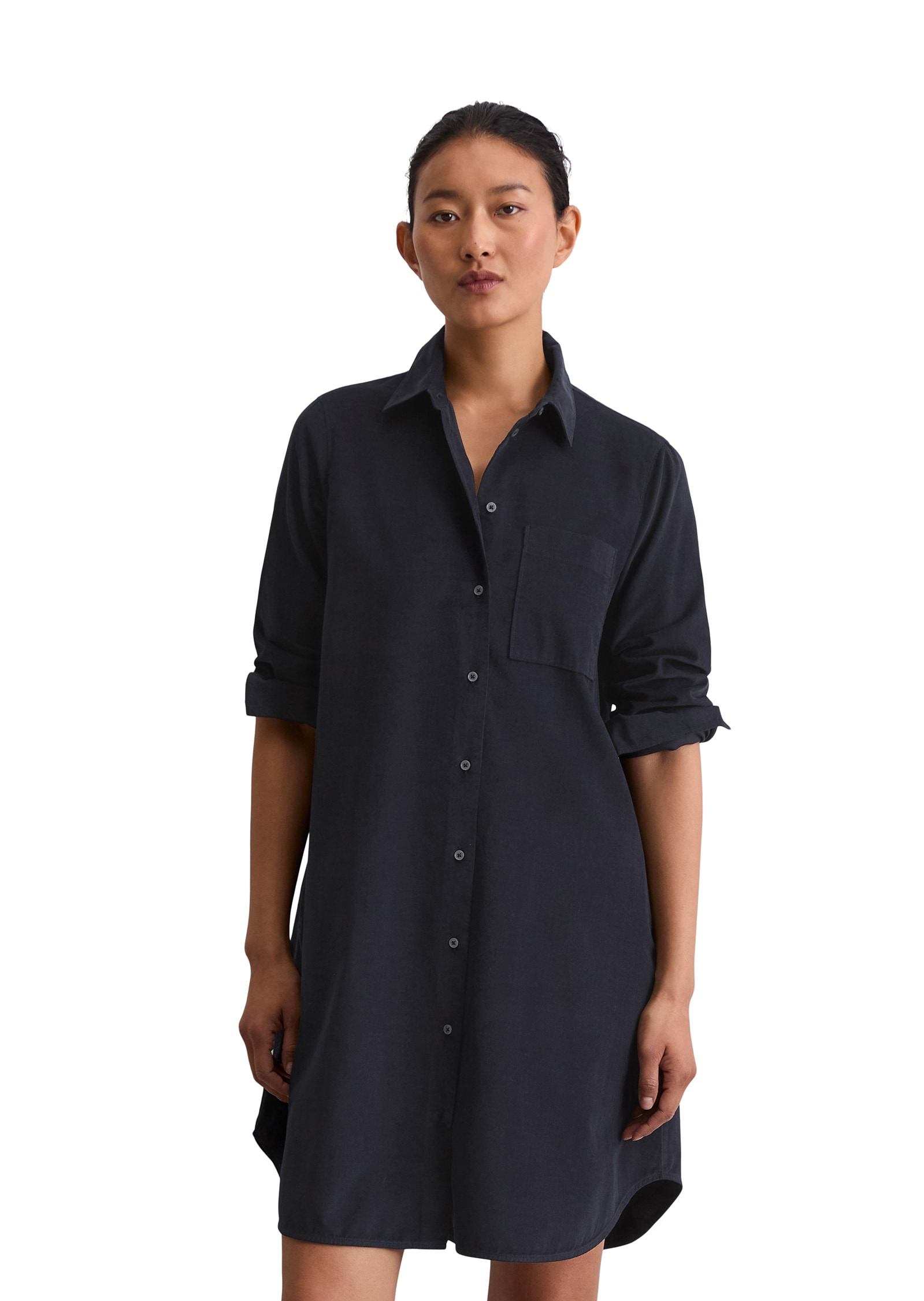 Hemdblusenkleid MARC O'POLO "aus Feincord", Damen, Gr. 38, Normalgrößen, blau (deep night blau), Obermaterial: 78% Baumwolle, 22% Lyocell; Futter: 100% Nicht verfügbar, unifarben, relaxed fit knielang, Manschette, Kleider