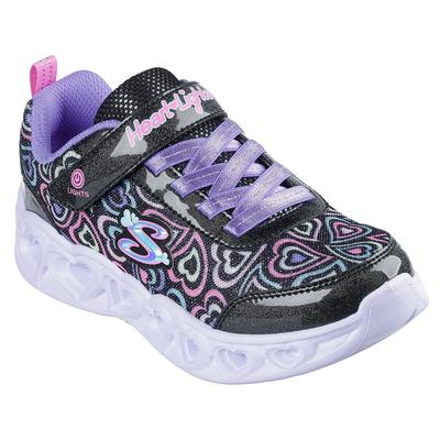 Sneaker SKECHERS "HEART LIGHTS", Kinder, Gr. 34, schwarz (schwarz multi), Textil, Synthetik, kontrastfarbene Details, Glitzer, casual, Schuhe, Blinkschuh mit Herz-Laufsohle, Größenschablone zum Download Image