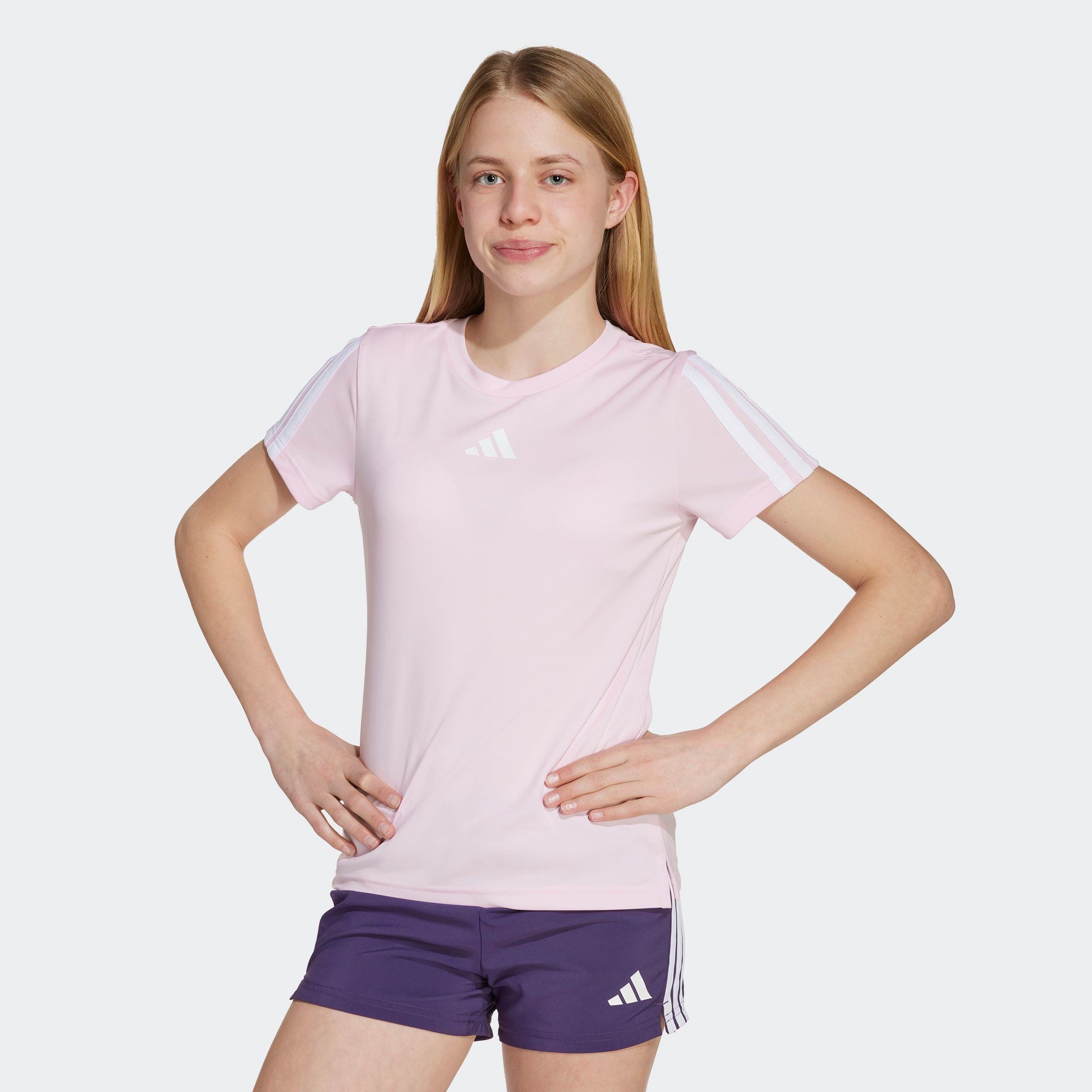 T-Shirt ADIDAS SPORTSWEAR "JG TR-ES 3S TEE", Kinder, Gr. 170, pink (clear pink, weiß), Obermaterial: 100% Polyester, Sportlich, Shirts Image