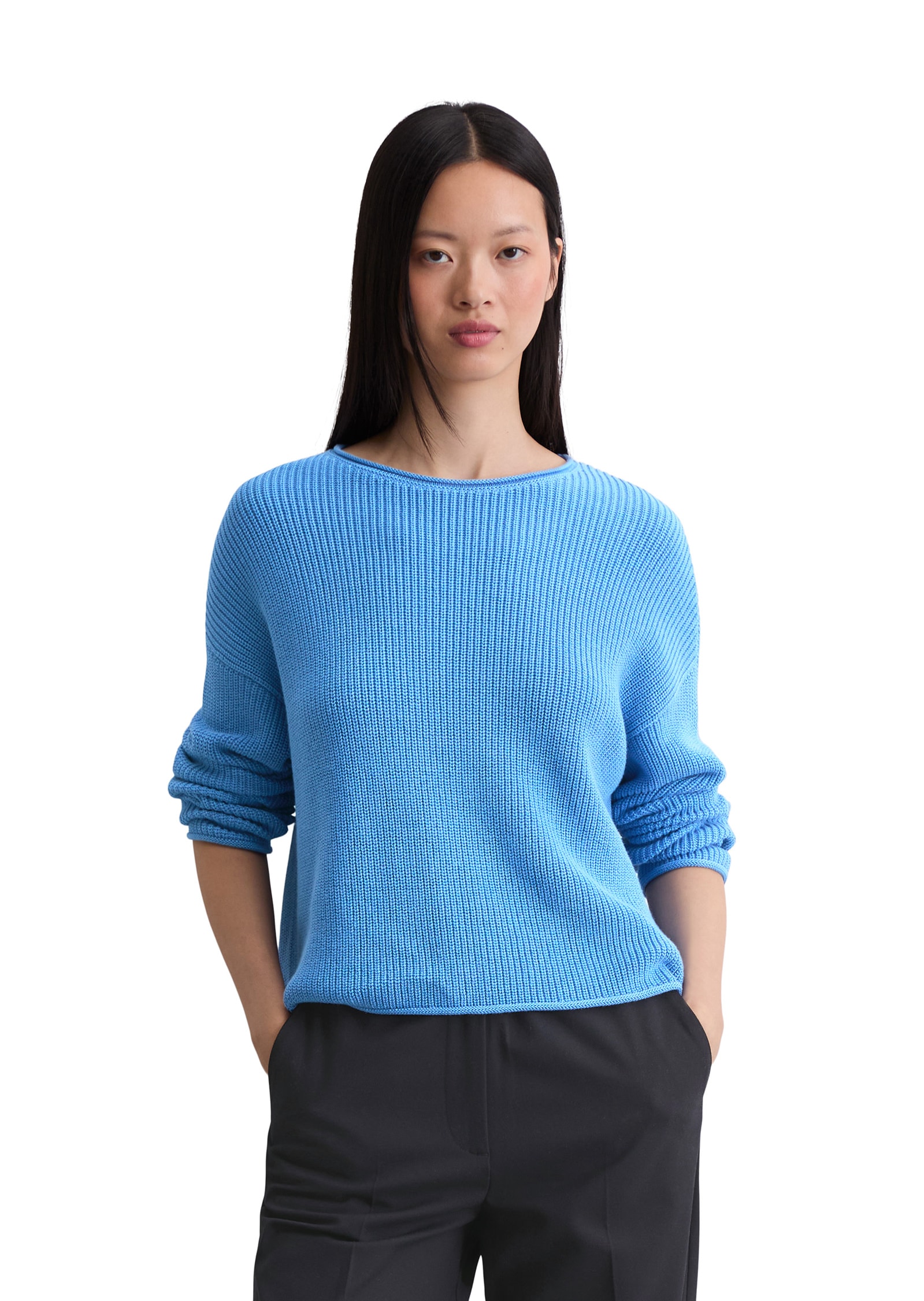 Strickpullover MARC O'POLO "aus Heavy-Weight-Organic-Cotton", Damen, Gr. XXL, blau (cloudless blau), Obermaterial: 100% Baumwolle, unifarben, Casual, U-Boot-Ausschnitt, Pullover