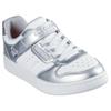 Sneaker SKECHERS "QUICK STREET", Kinder, Gr. 28, silber (weiß, silberfarben), Lederimitat, metallic, sportlich, Schuhe, Retro Sneaker mit Klettverschluss, Größenschablone zum Download