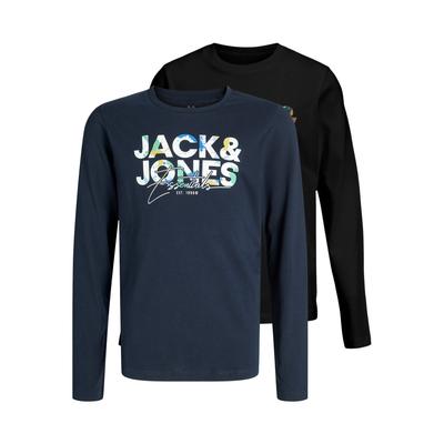 T-Shirt JACK & JONES JUNIOR "JJGEPLAS TEE LS CREW NECK 2PK MP JNR", Jungen, Gr. 152, sky captain pack:with skycap(big), schwarz(big), Single Jersey, Obermaterial: 100% Baumwolle, bedruckt, modisch, regular fit, Rundhals, Langarm, Shirts Image