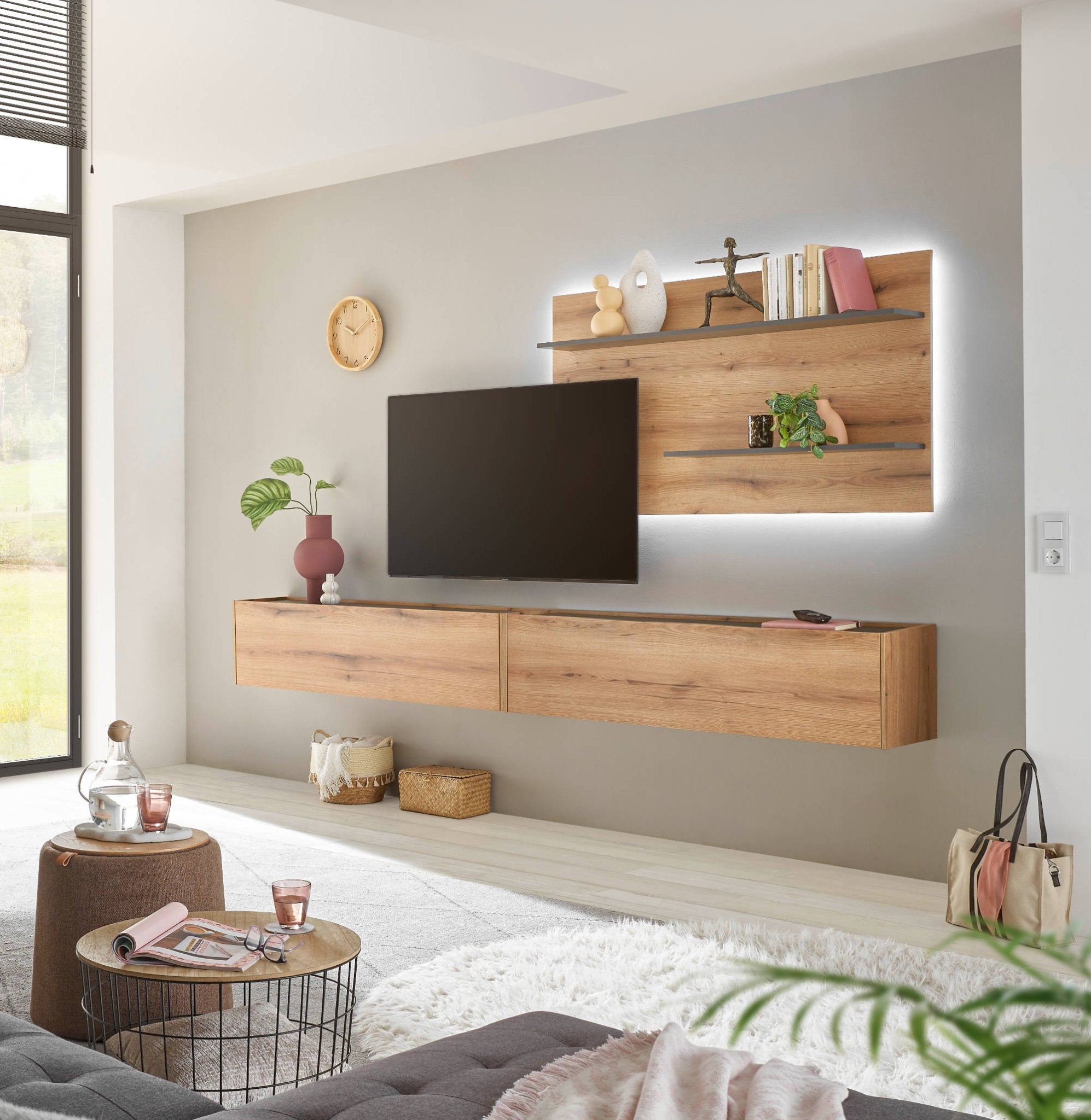 Wohnwand Eiche 300 cm 3-teilig Nr 11 mit Beleuchtung Boston