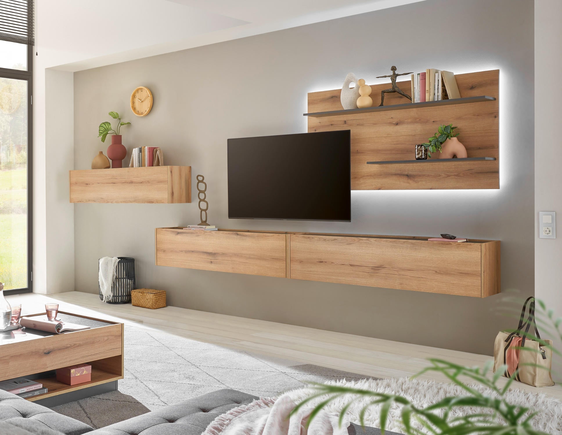 Wohnwand Eiche 400 cm 4-teilig Nr 13 mit Beleuchtung Boston