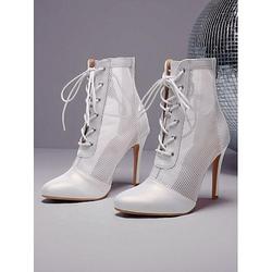 Bottines de danse disco à lacets en maille blanche pour femmes - bottines rétro à talons hauts pour soirées et tenues de club vintage