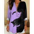 Blouse tunique pour femmes V avec col en V à manches longues boho décontractée tops d'été graphiques animaux chat vintage tropical tops réguliers à porter au quotidien imprimé noir et blanc jaune