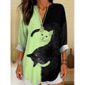 Blouse tunique pour femmes V avec col en V à manches longues boho décontractée tops d'été graphiques animaux chat vintage tropical tops réguliers à porter au quotidien imprimé noir et blanc jaune