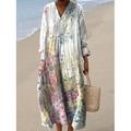Robe Midi Femme Col V Manches Longues Kaftan Léger Coupe Ample Robe A Ligne Décontractée Boho Sortie Graphique Florale Manches Longues Col V Blanc Rose Orange Blanc cassé Automne