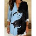 Blouse tunique pour femmes V avec col en V à manches longues boho décontractée tops d'été graphiques animaux chat vintage tropical tops réguliers à porter au quotidien imprimé noir et blanc jaune