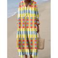 Femmes Robe Midi Robe d'Été Robe trapèze Vacances Occasionnel Boho Soirée Plage Coupe Ample Graphique Géométrique Plaid manche longue Col en V Jaune Rose Claire Orange Vert Été Printemps Automne