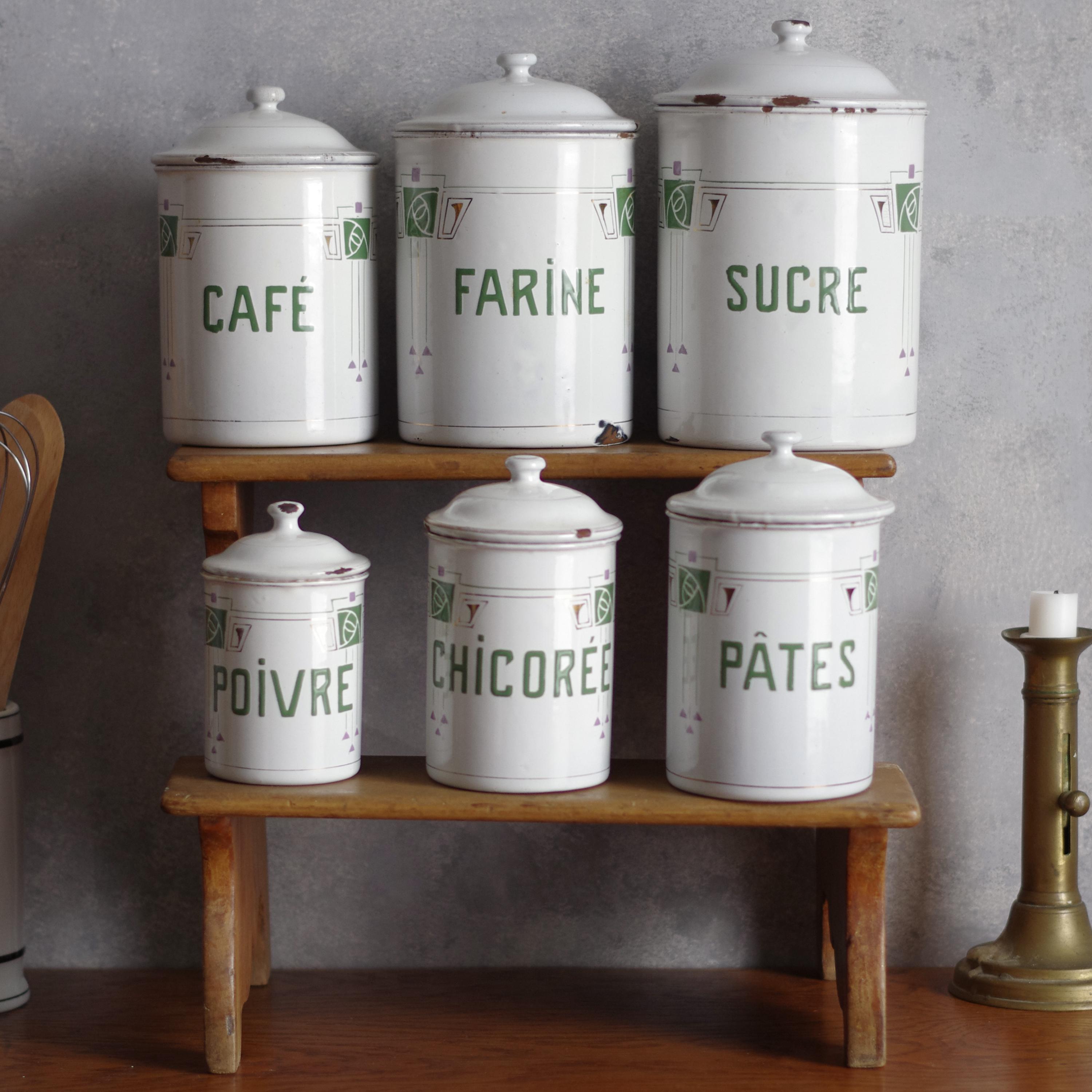 6 contenitori antichi in smalto Art Déco, contenitori da cucina in smalto vintage francese, set completo di 6 contenitori per spezie impilabili