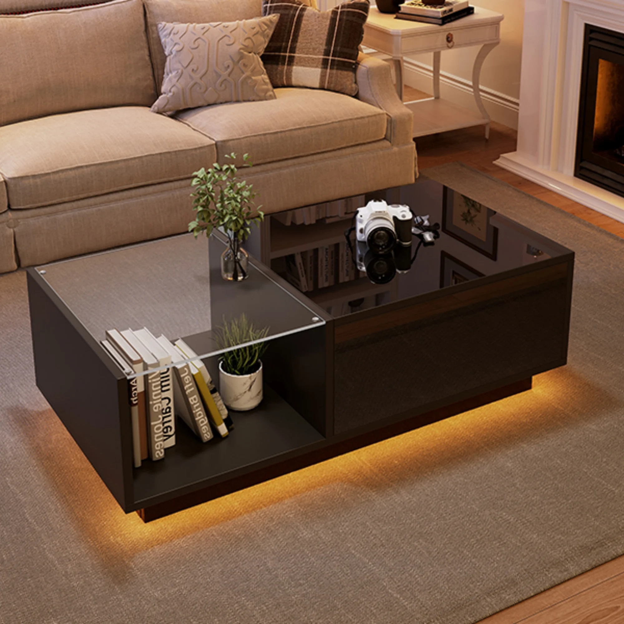 LED Couchtisch, Höhenverstellbarer Kaffeetisch mit Verstecktem Stauraum und Ablage, 50 x 100 x (33-46.5) cm Image