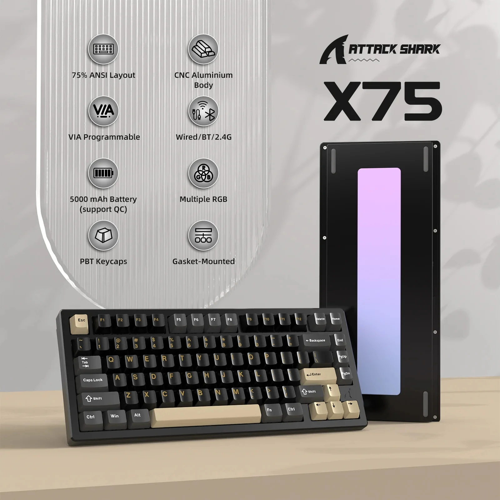 ATTACK SHARK X75 Vollaluminium-Tastatur, 75 % VIA, kabellose Dichtung, mechanische Tastatur Image