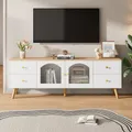 Meuble TV avec espace de rangement, meuble décoratif avec 2 portes latérales en verre trempé, table décorative de divertissement TV, bancs TV