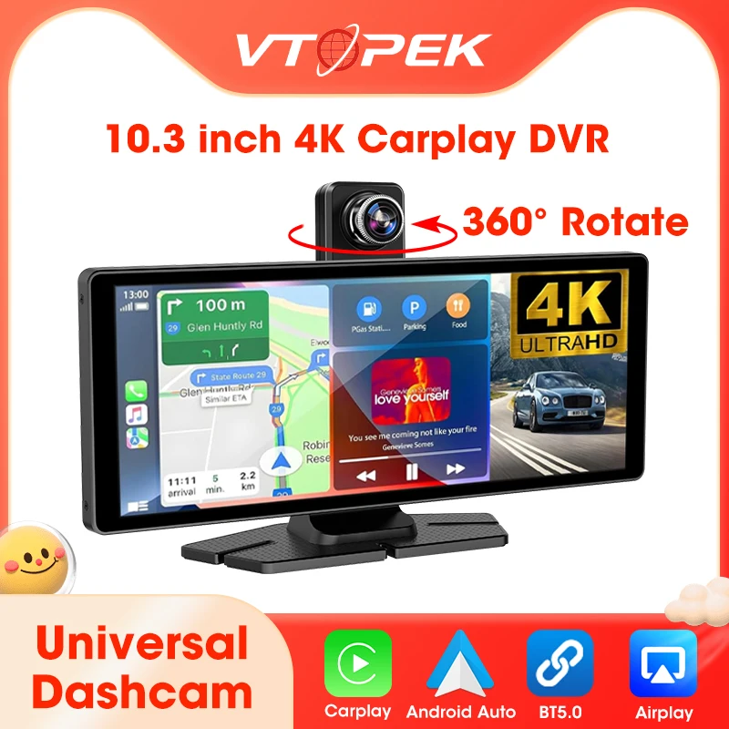 Universeller 10,3-Zoll-Wireless-CarPlay-Bildschirm für das Auto, drehbare 4K-Dashcam 1080P-Rückfahrkamera, Carplay Android Auto-Navigationsradio Image