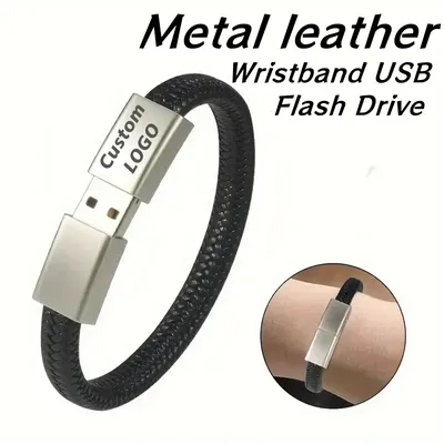 Kostenloses individuelles Lasergravur-LOGO-Metall-Armband aus schwarzem Leder, USB 3.0-Hochgeschwindigkeits-Flash-Laufwerk, 4 GB, 8 GB, 16 GB, 32 GB, 64 GB, 128 GB Image