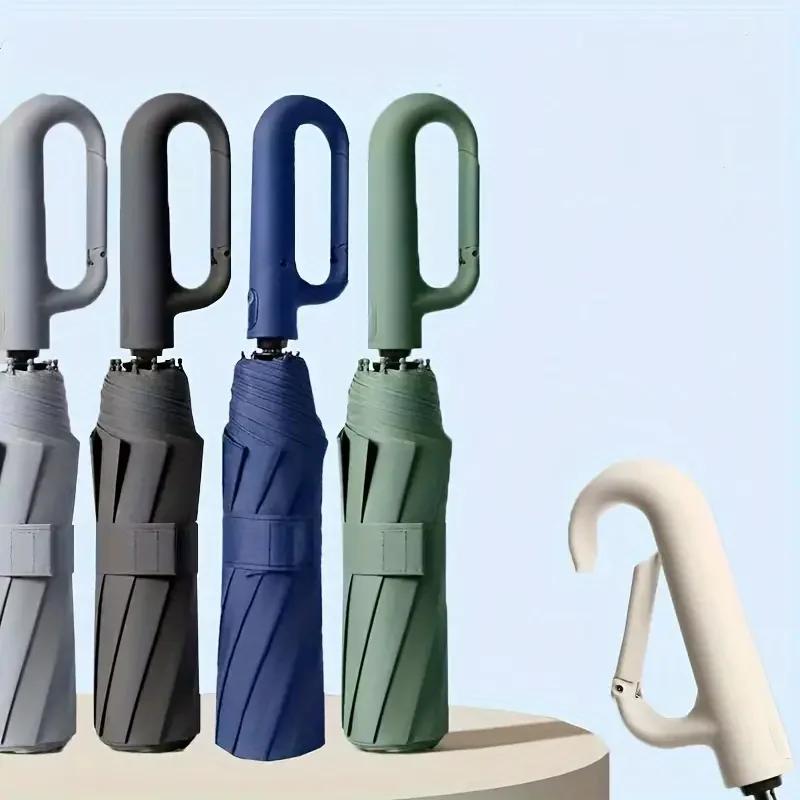 Automatischer wasserdichter Faltschirm mit Schlaufenschnalle, verstärkt, 10 Rippen, schwarzer Kleber, Sonnenschutz, winddichtes Design Image