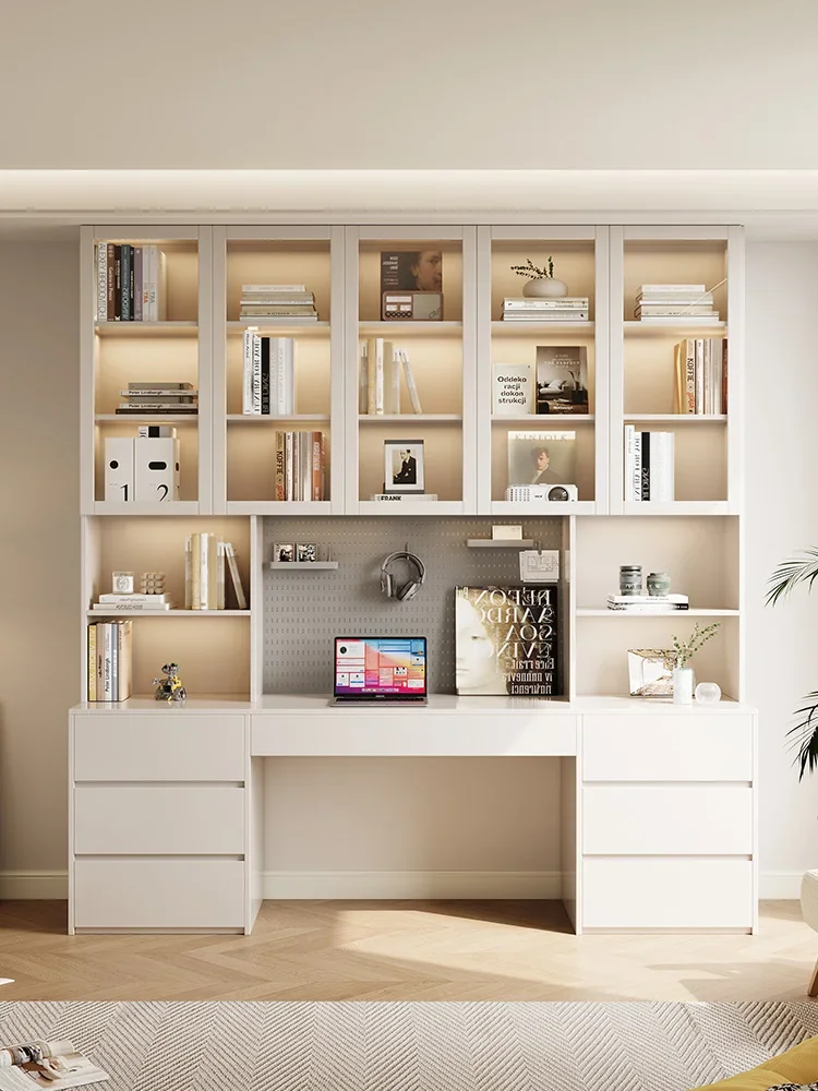 Massivholz-Schreibtisch, maßgeschneidertes Bücherregal aus Eiche der Güteklasse ENF, integrierter Tisch an der Wand, Arbeitszimmer, Heim- und Lerntisch, Bücherregal Image