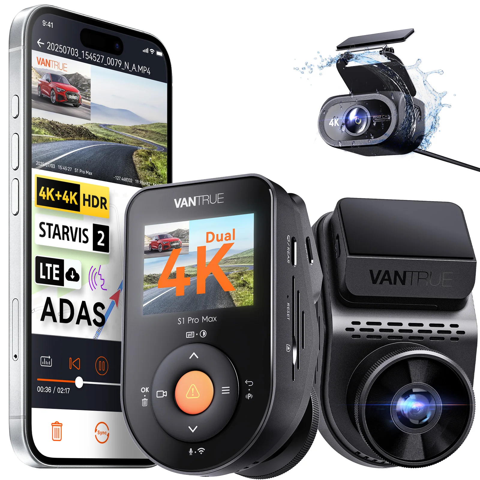 Vantrue S1 Pro Max 4K+4K DashCam mit ADAS/BSD Starvis2 HDR PlatePix ™ IP67Wasserdichte Rückfahrkamera, Sprachsteuerung, 24-Stunden-Parkmodus Image