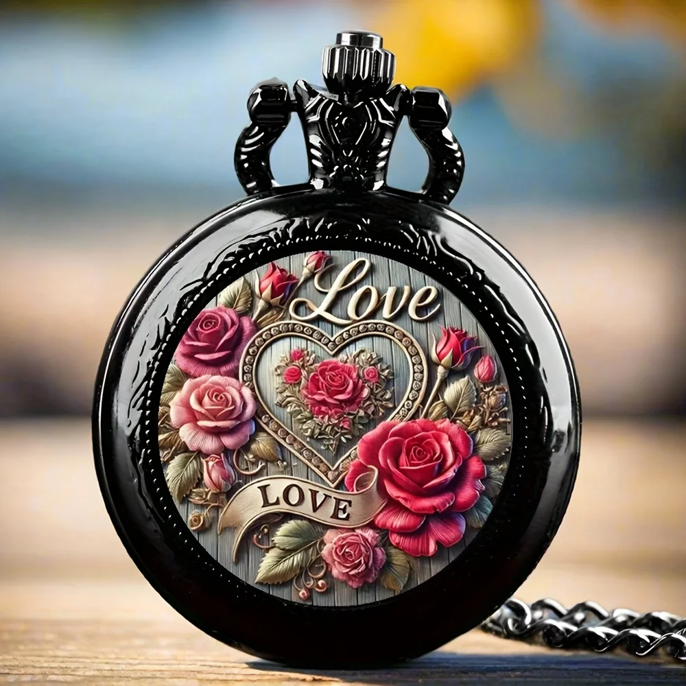 Elegante, modische herzförmige Taschenuhr-Halskette mit Legierungsgehäuse, rosa Blumenmuster und Quarzwerk – Damenschmuck