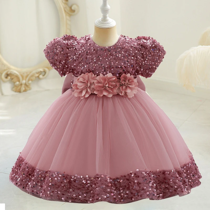 Kleinkind Baby Pailletten Party Kleider Taufe Hochzeit 1 Jahr Geburtstag Bogen Prinzessin Kleid Für Baby Mädchen Spitze Brautjungfer Kleid Vestidos Image