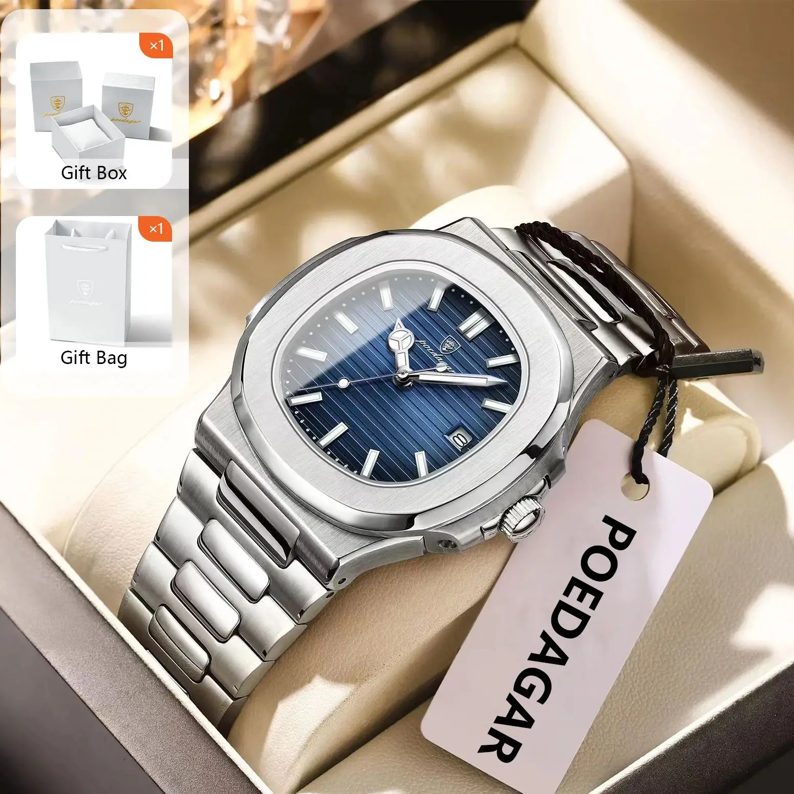 POEDAGAR Mode Luxus Männer Armbanduhr Datum Leuchtende Wasserdichte Edelstahl Mann Uhr Business herren Quarz Uhren + Geschenk Box Image