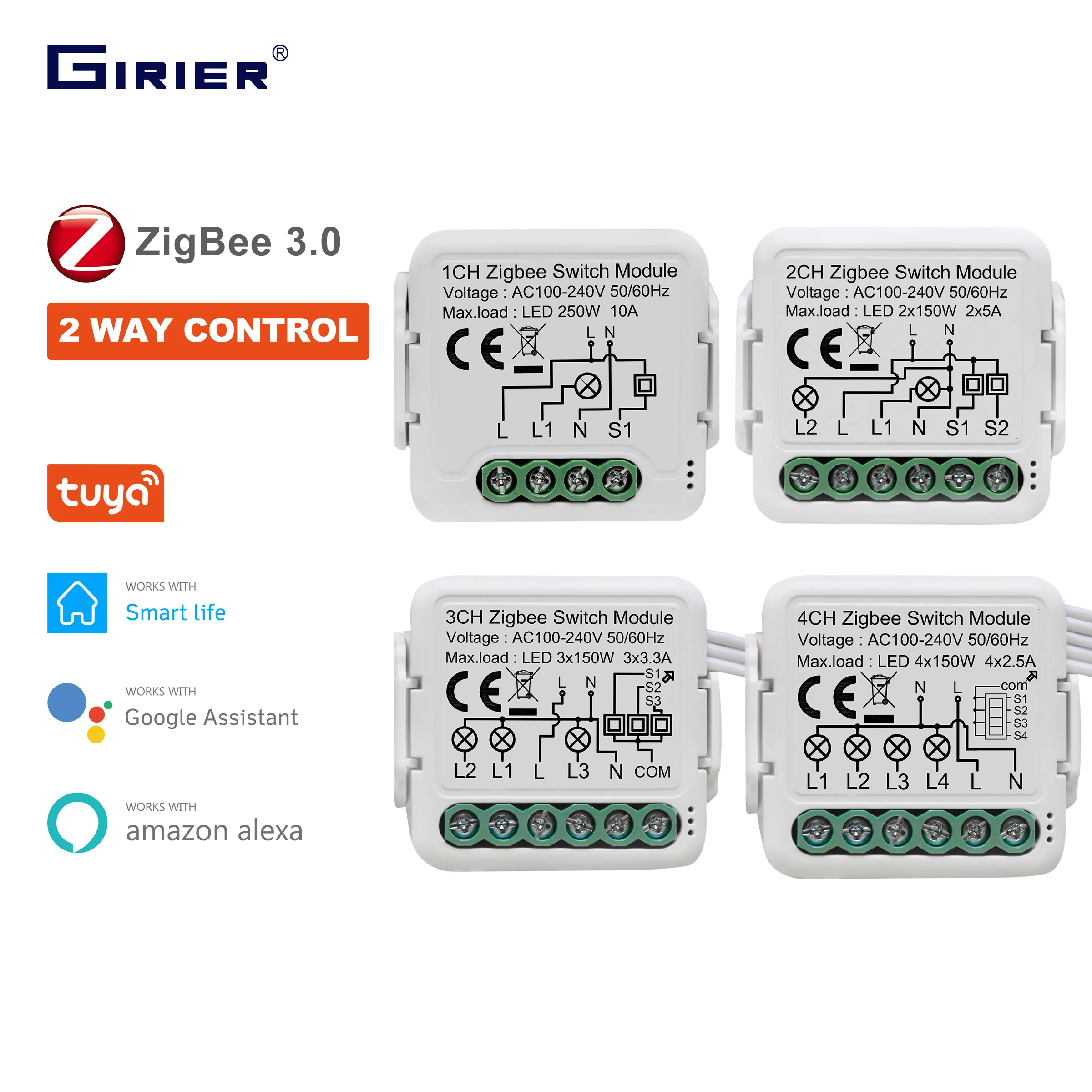 GIRIER Tuya ZigBee 3.0 Schaltmodul 10A Smart Home DIY Schalter 1 2 3 4 Gang Unterstützt 2-Wege-Steuerung Kompatibel mit Alexa Google Home Image