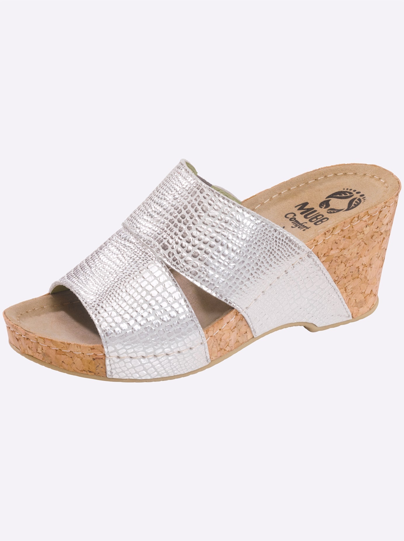 Hausschuh MUBB, Damen, Gr. 39, silber (silberfarben), Leder, Schuhe Pantolette