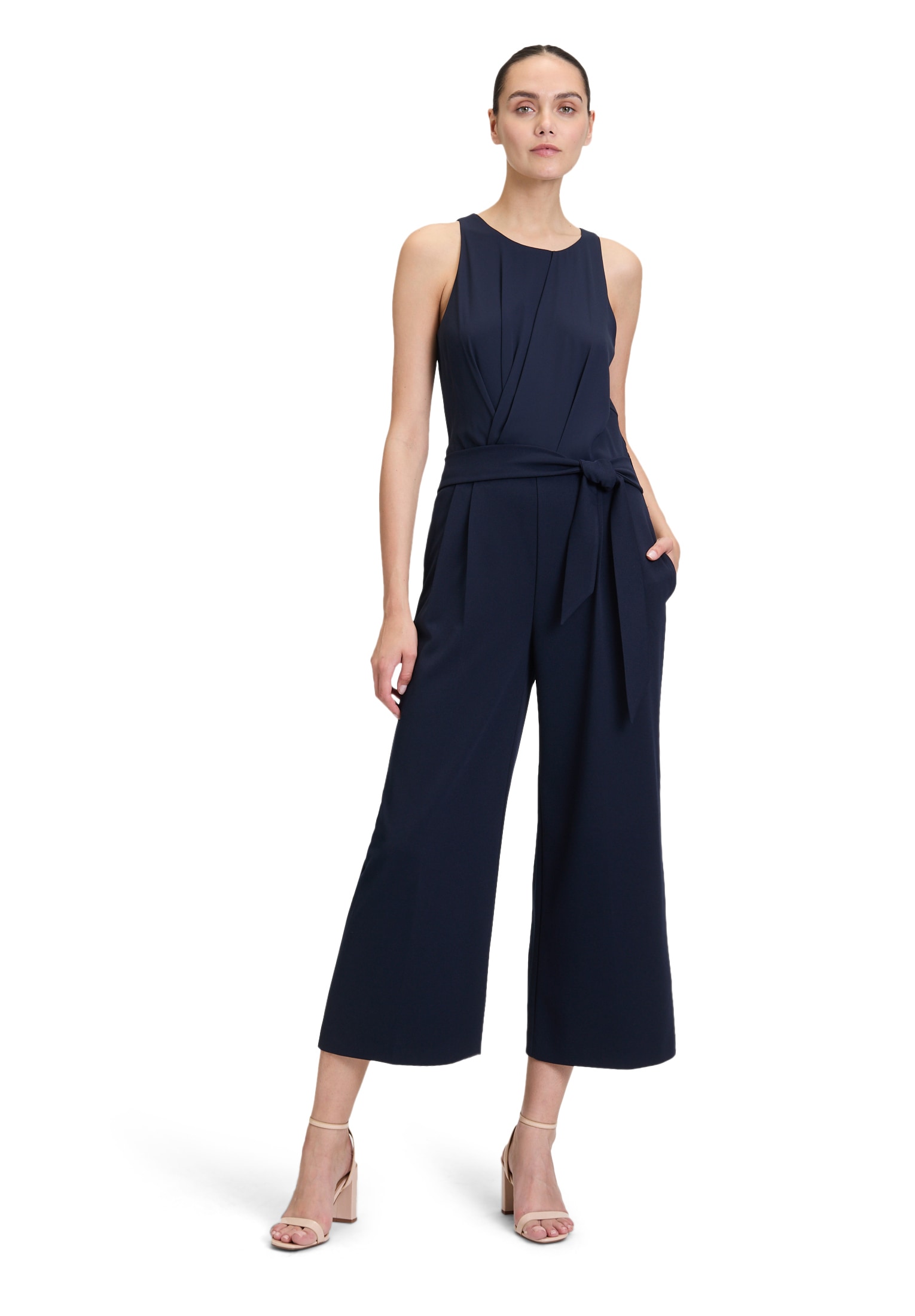7/8-Overall VERA MONT "Damen mit Bindegürtel", Damen, Gr. 34, Normalgrößen, blau (night sky), Obermaterial: 95% Polyester, 5% Elasthan; Futter: 100% Polyester, figurumspielend, Rundhals, Overalls