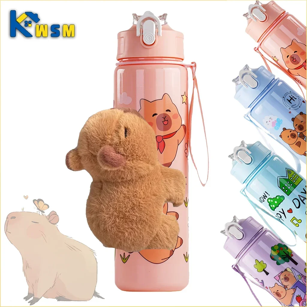 Capybara-Strohhalmbecher, niedliche Cartoon-tragbare Wasserflasche mit Trageschnur für Kinder, Kinder, Wasserbecher, hochwertiges Design Image