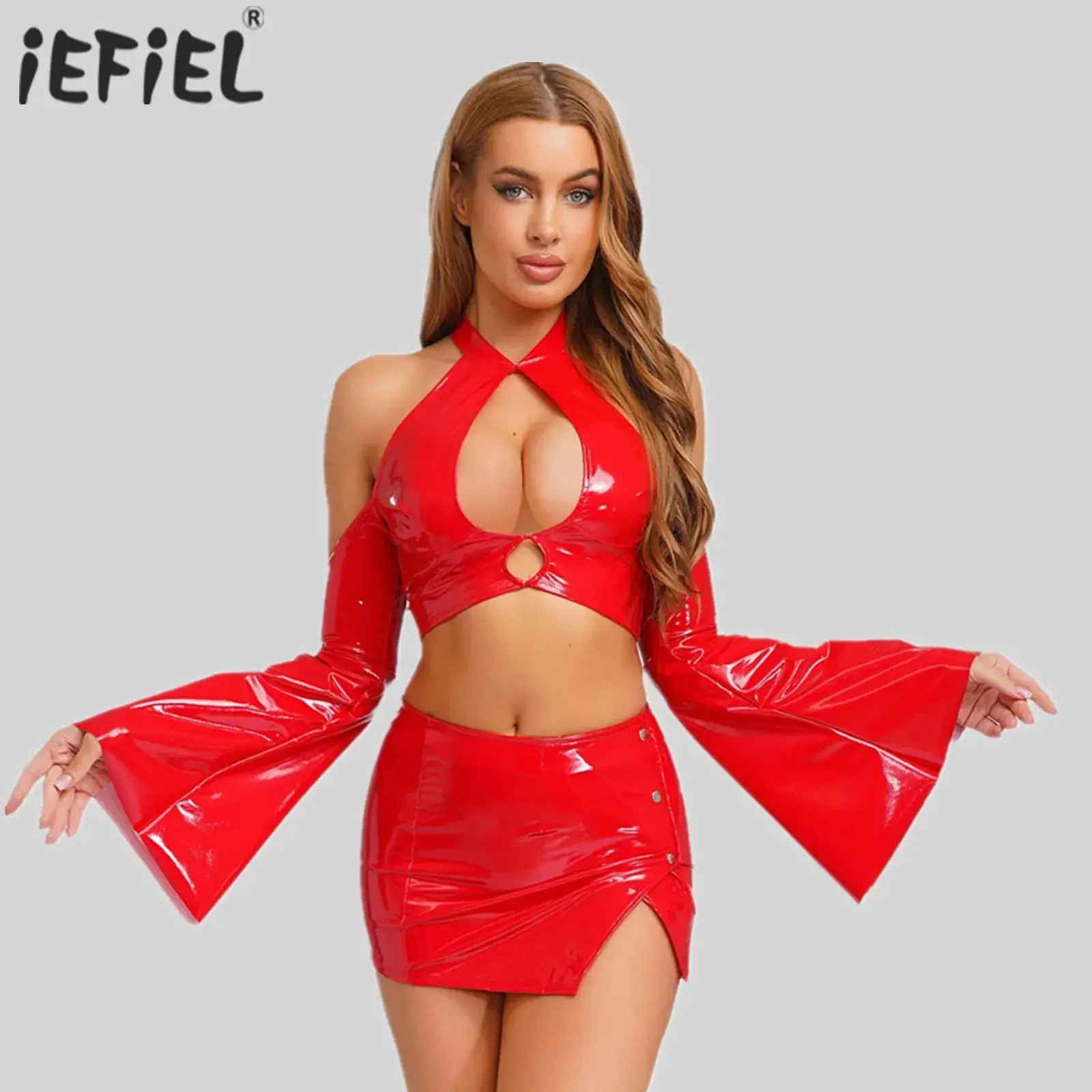 Glänzende Oberteile für Damen mit ausgehöhlter Vorderseite, PU-Leder, Latex-Crop-Tops, Neckholder-Reißverschluss hinten, Wet-Look, Clubwear, Raves Bar, Pole-Dance-Tops Image