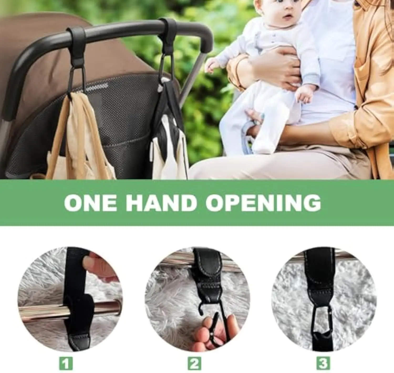 2 Stück Kinderwagen-Haken, Baby-Wickeltaschen-Haken, Kinderwagen-Organizer, PU-Leder, verstellbarer Kinderwagen, Multifunktions-Haken, starkes Lager Image