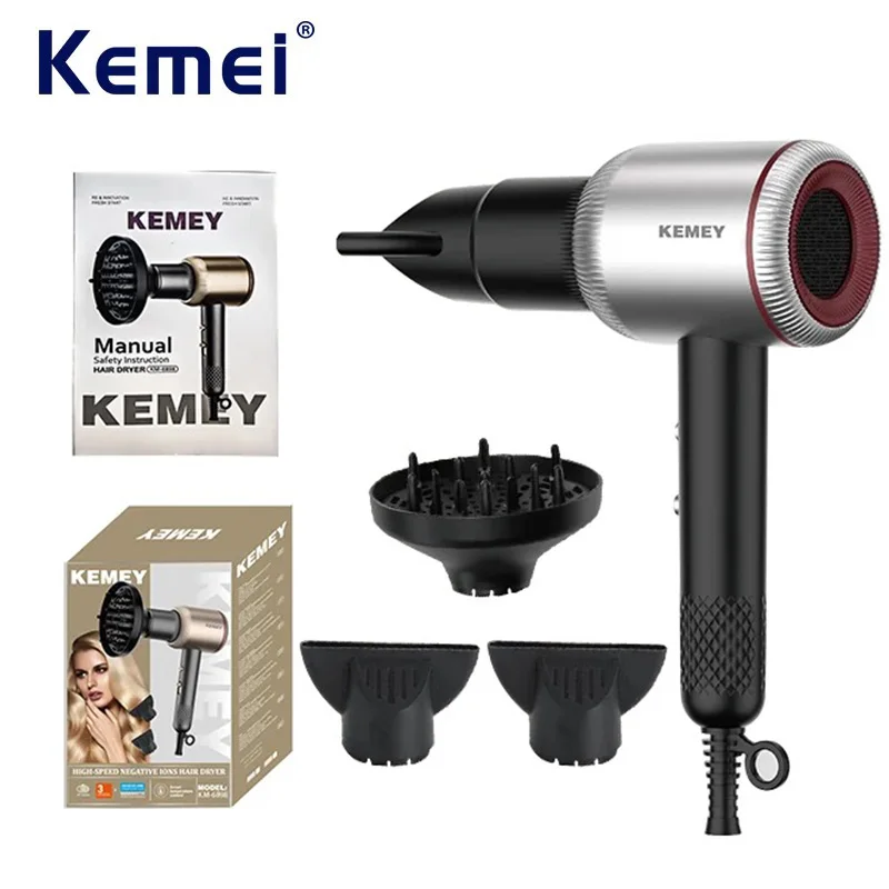 Kemei Professioneller Ionen-Salon-Haartrockner, leistungsstarker 1800 W, schnell trocknender, geräuscharmer Föhn mit 2 Konzentratordüsen und 1 Diffusor Image