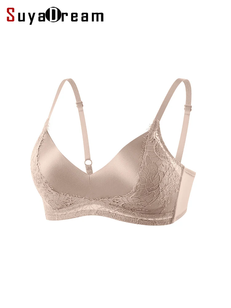 SuyaDream, Damen-Seiden-BHs, 93 % Seide, 7 % Elasthan, ohne Bügel, gepolsterter Spitzen-BH, 2025, neue gemütliche Dessous, Schwarz, Weiß Image