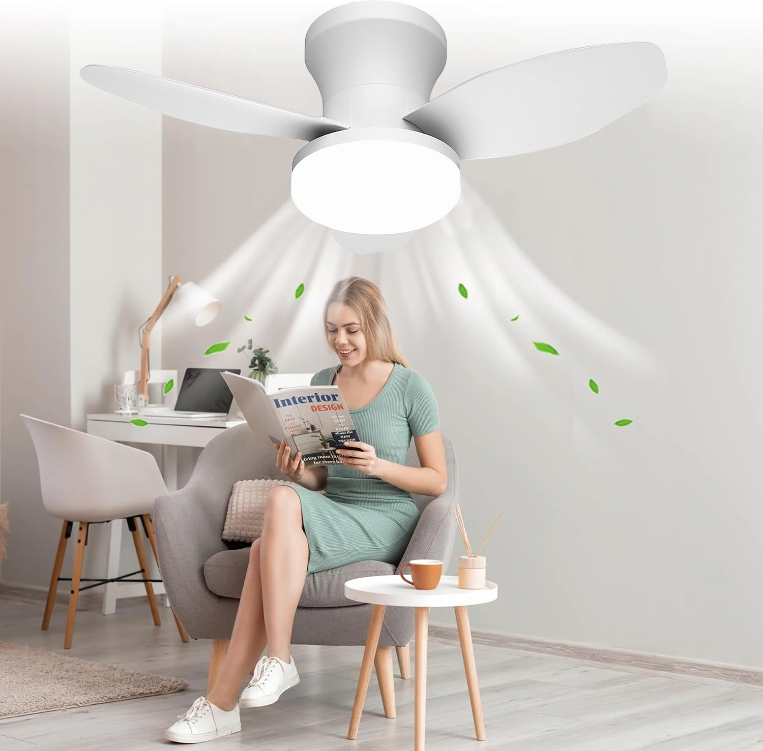 65 cm/88 cm/106 cm Lüfterlicht – Fernbedienung, drei Farbtemperaturen, sechs Windgeschwindigkeiten, umkehrbarer Gleichstrommotor, Timer-Aus-Funktion Image