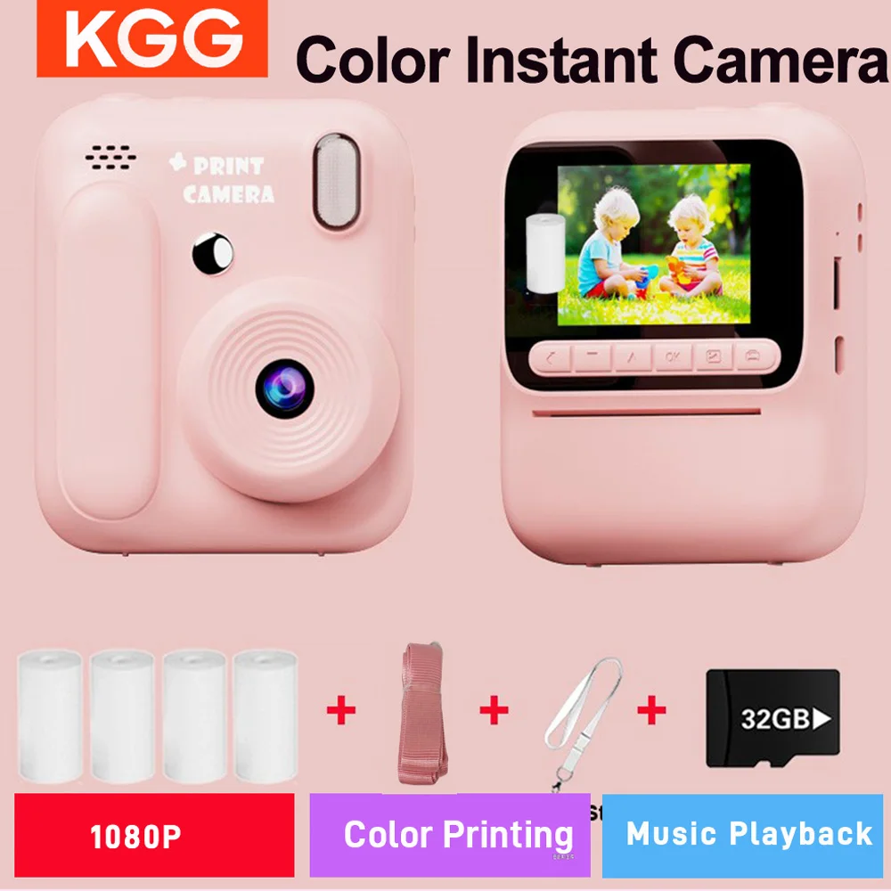 Fotocamera con stampa a colori Fotocamera istantanea per bambini 32GB 1080P Stampa termica Fotocamera digitale Stampa Foto Videogiochi Musica Regalo per bambini