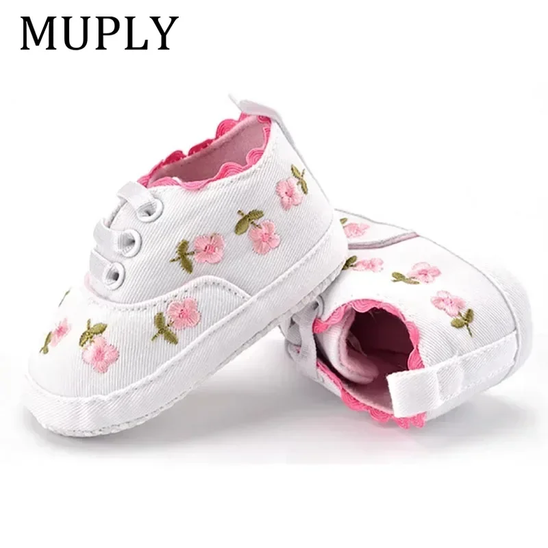 Baby Mädchen Schuhe Weiß Rosa Floral Gestickte Weiche Sohlen Schuhe Prewalker Walking Kleinkind Casual Kinder Schuhe Für Dropshipping Image