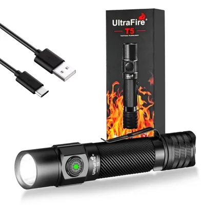 UltraFire T5 1800 Lumens Police Tactical Flashlight Powerful 18650 USB C Rechargeable Military Portable Torch with Dual Switch