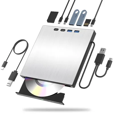 7-in-1 External CD/DVD Drive USB3.0 Type-C Portable CD DVD RW Player Reader Burner for Laptop PC Windows with SD TF Card Slots