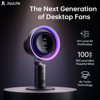 JISULIFE Table Fan Air Purifier and RGB Light Turbo Oscillating Fan H11 HEPA Filter 100 Wind Speeds 10000mAh Battery Desktop Fan