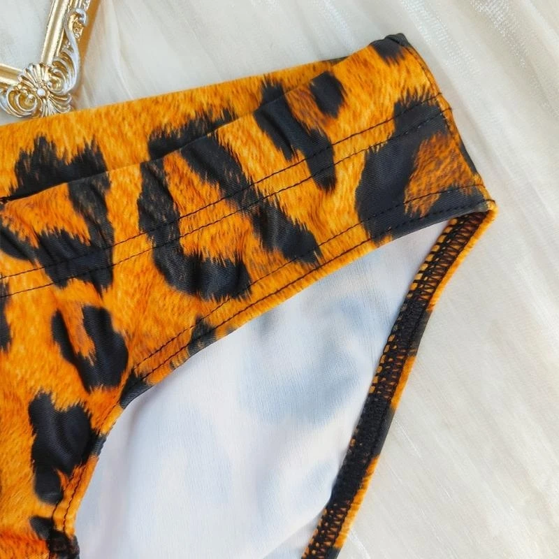 Men Swim Briefs High Elasticity Low Rise Swim Briefs Leopards Print Triangular Beach Shorts Drawstring Briefs Underwear