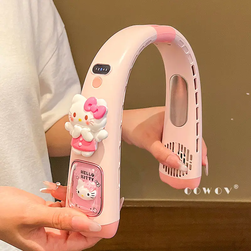 Kawaii Sanrio Hello Kitty Neck Hanging Fan USB Summer Anime Cartoon Kuromi Fan Silent High Wind Outdoor Portable Girl Gift Toys
